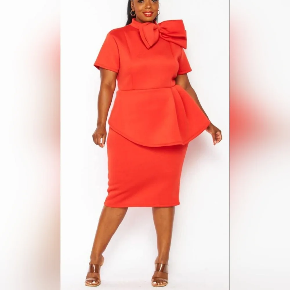 Illord Peplum Red Orange Dress With Bow Accent - Picture 1 of 2